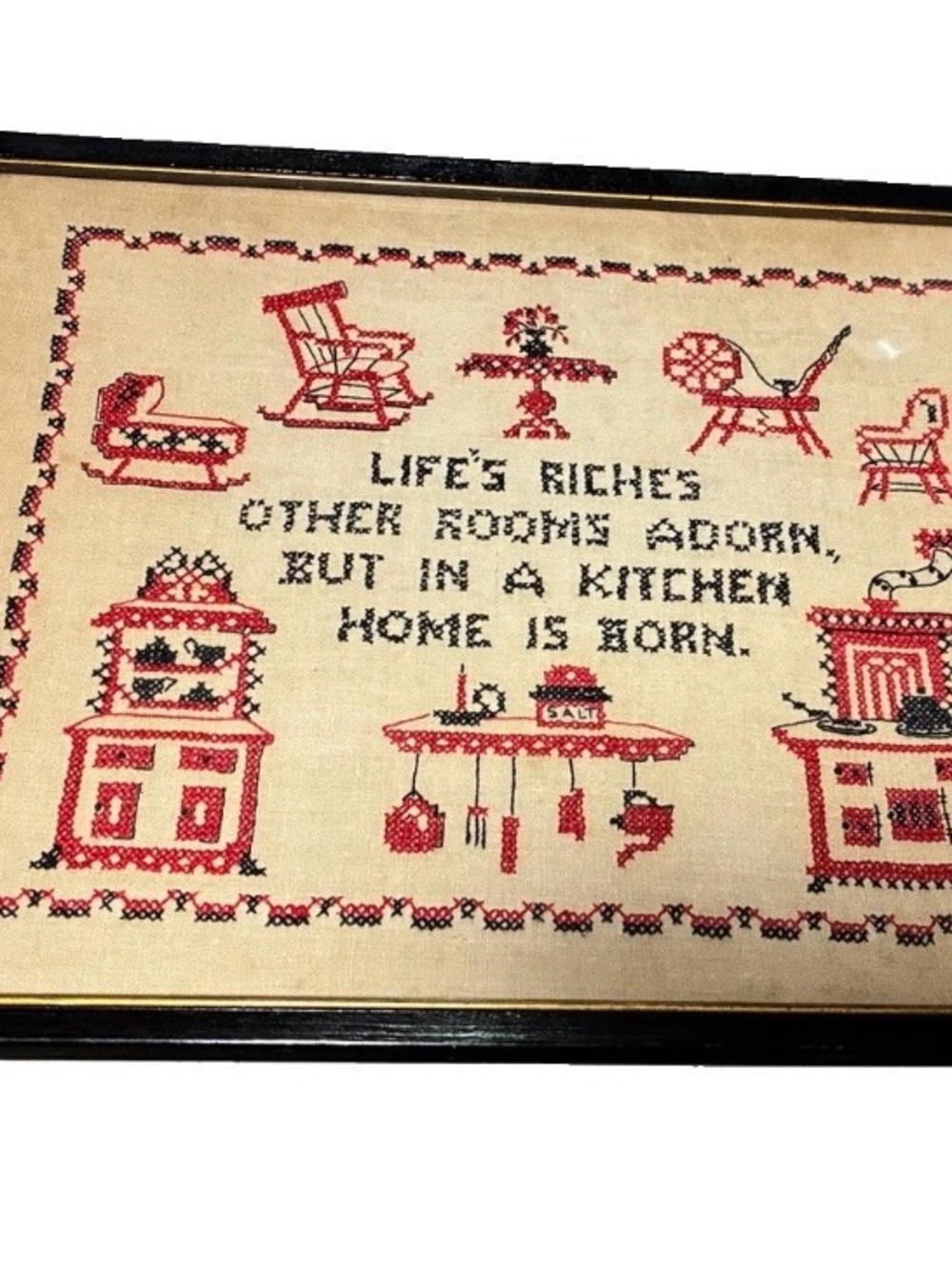 Vintage Wood 10x 13 Framed Cross Stitch Sampler Life’s Riches Other Rooms adorn